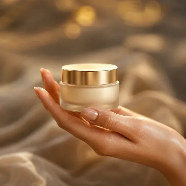 Offene Hand hält einen Cremetiegel aus Milchglas mit goldenem Deckel vor golden schimmerndem Stoff.