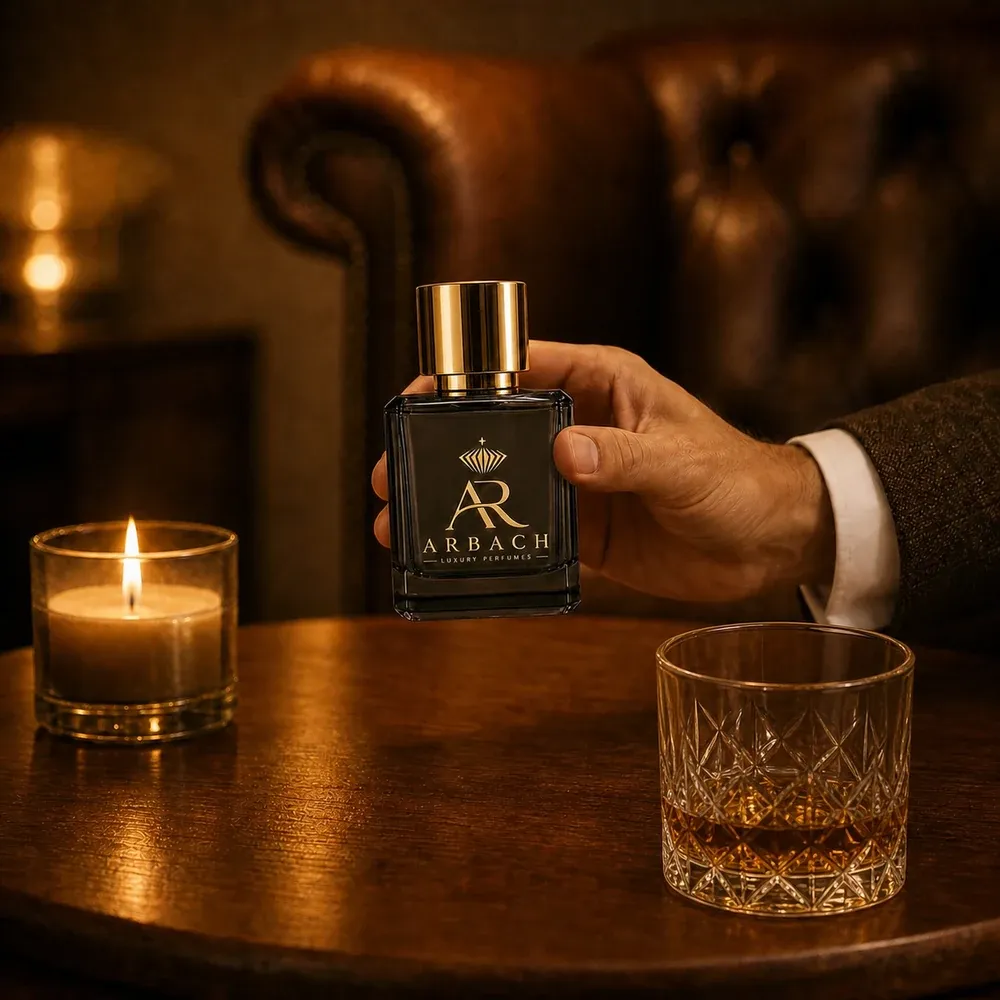 Hand hält einen dunklen Parfumflakon mit goldenem Verschluss und Arbach-Schriftzug über einen Holztisch, daneben eine brennende Kerze und ein Kristallglas.