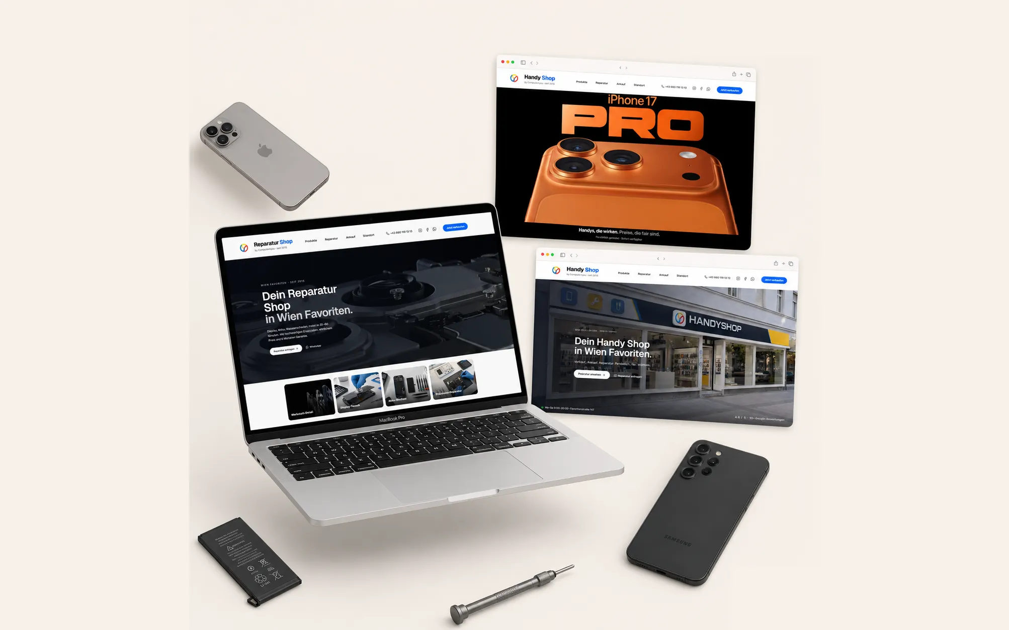 Die Website von Computer4you auf einem MacBook und zwei Browserfenstern, dazu zwei Handys.
