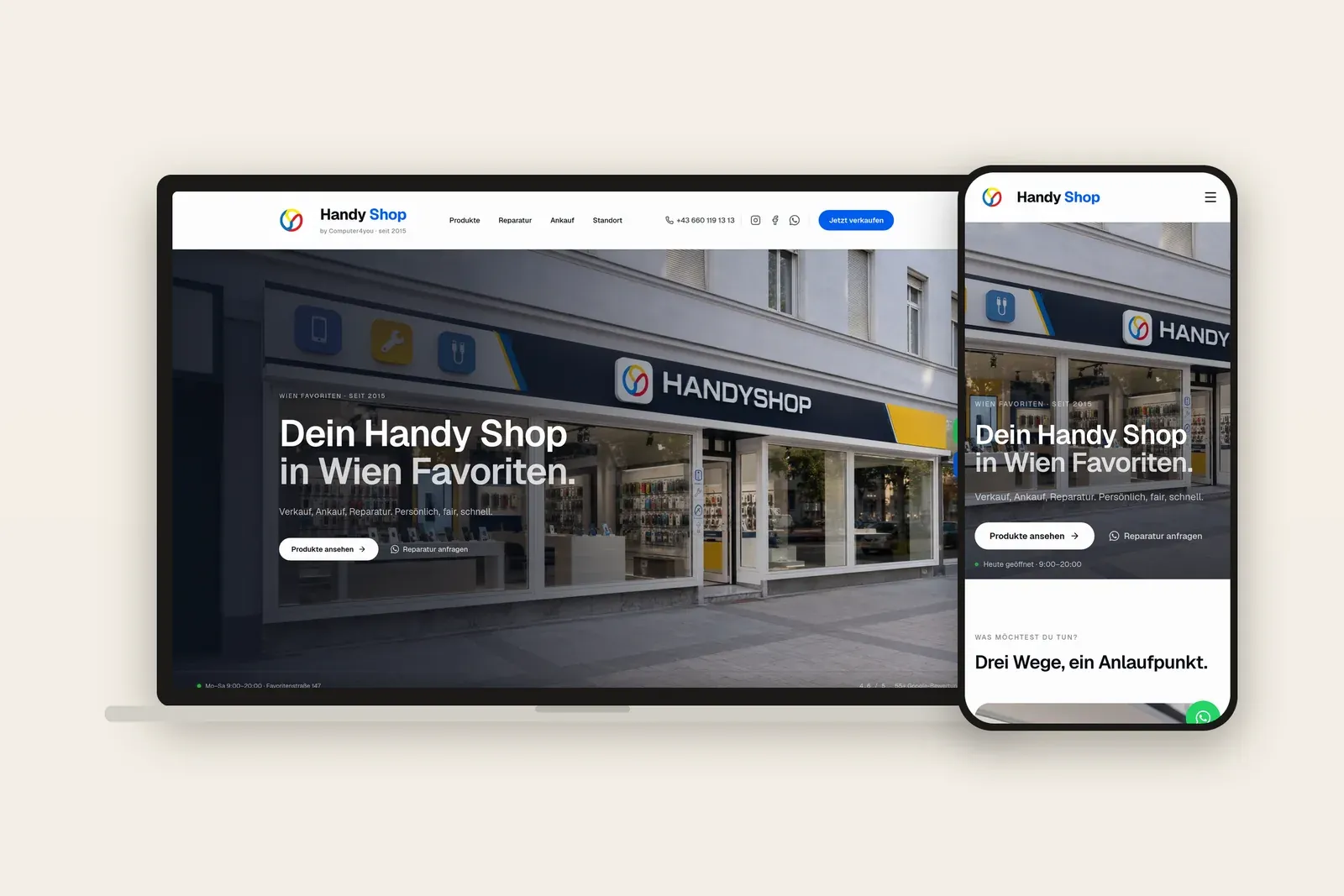 Laptop und Smartphone nebeneinander, auf beiden Bildschirmen die Startseite von Computer4you mit der Zeile Dein Handy Shop in Wien Favoriten.