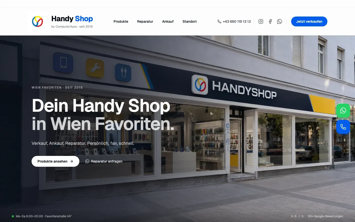 Startseite von Computer4you: die Ladenfront in Wien Favoriten mit der Zeile Dein Handy Shop in Wien Favoriten.
