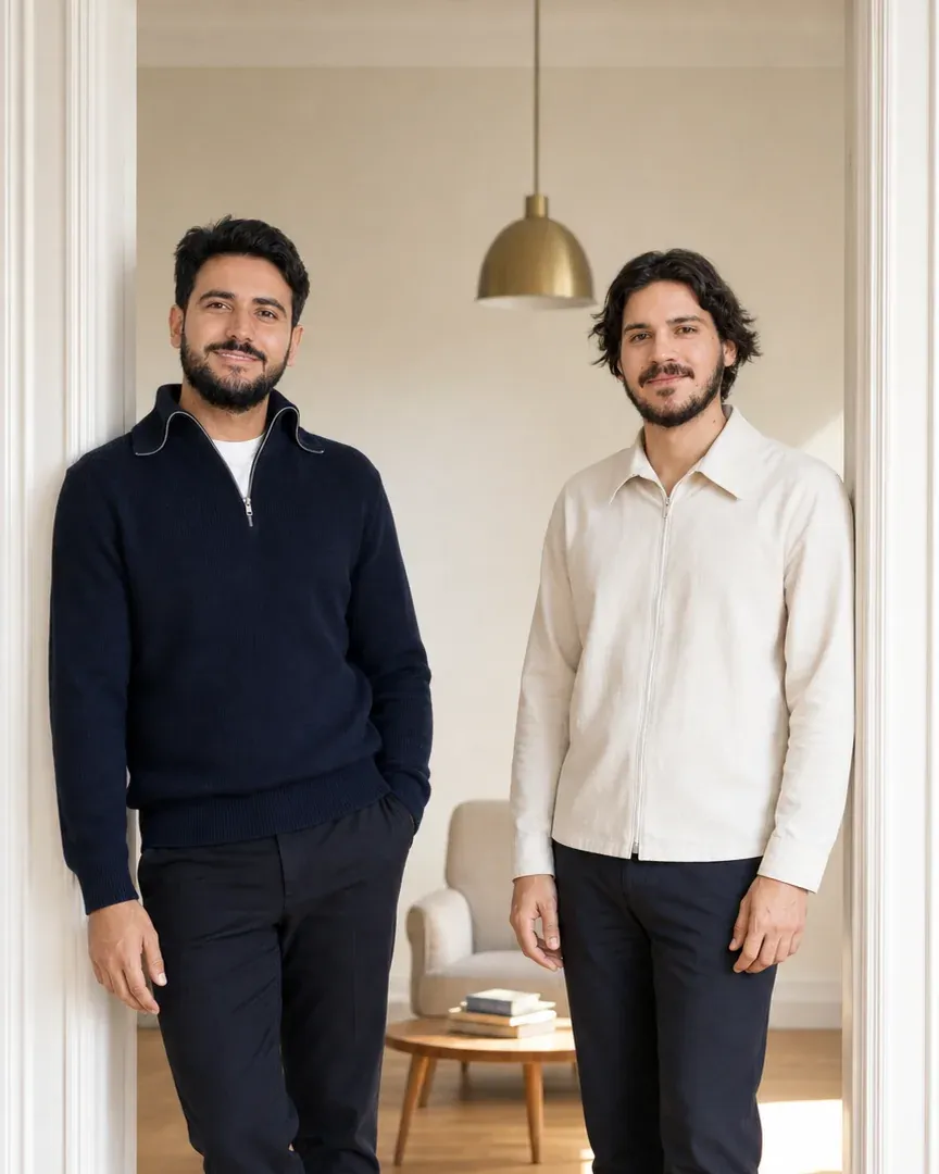 Hamza Atieh und Kerim in einem offenen Türrahmen, dahinter ein Raum mit Sessel, Beistelltisch mit Büchern und Messing-Pendelleuchte, Tageslicht auf dem Parkett.