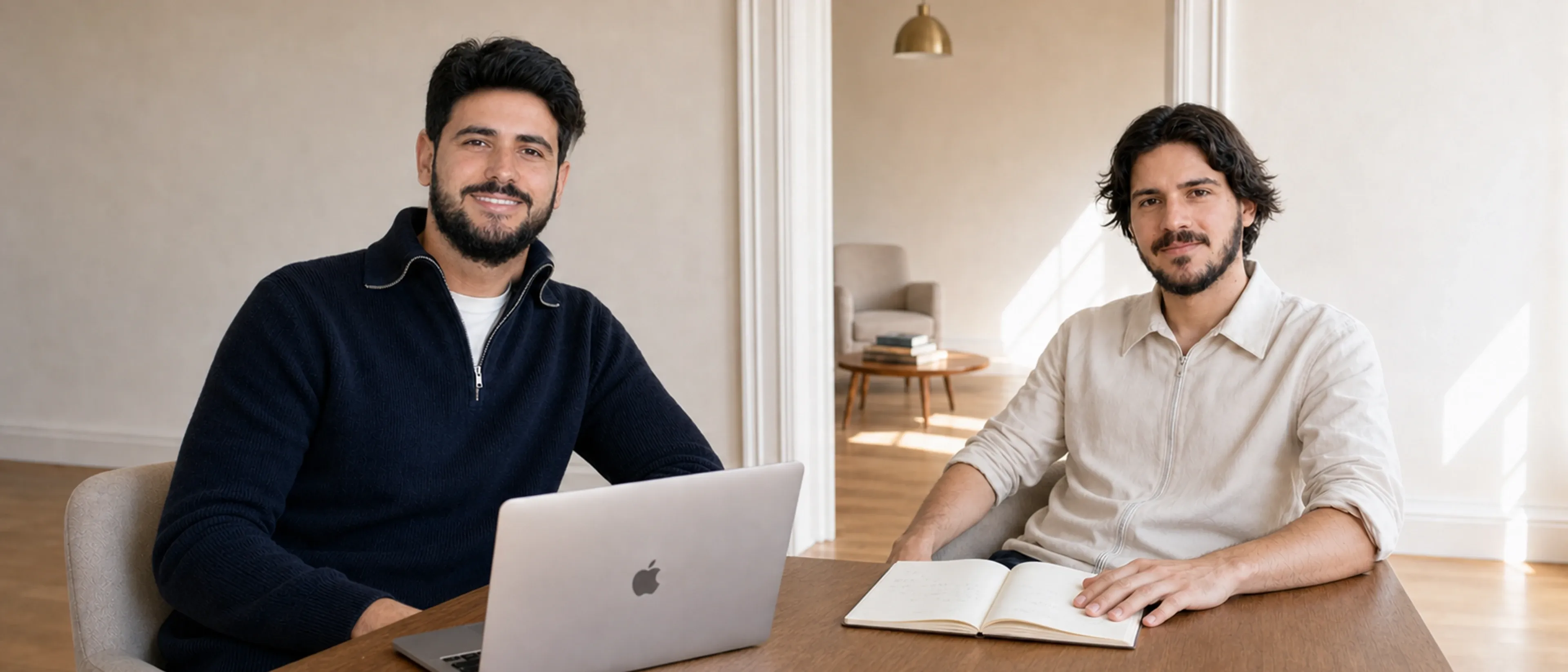 Hamza Atieh und Kerim sitzen an einem Holztisch, links ein aufgeklappter Laptop, rechts ein aufgeschlagenes Notizbuch; dahinter durch einen Türdurchgang ein Raum mit Sessel und Beistelltisch, Tageslicht von rechts.