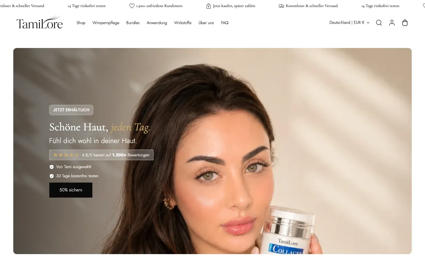 Startseite von TamiLore: Porträt einer Frau mit einem Collagen-Tiegel, daneben die Zeile Schöne Haut, jeden Tag.